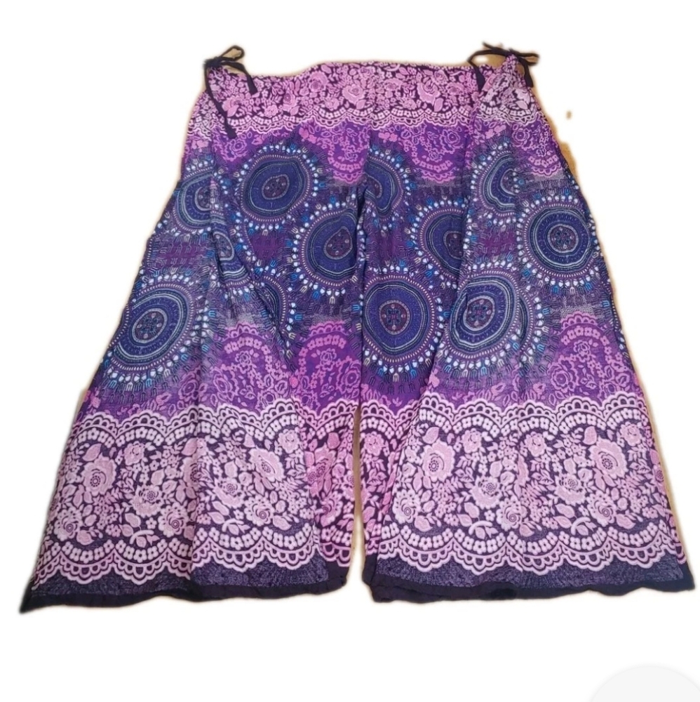 Boho Cover Up Beach Wide Leg Pants Open Sides Hip Tied Woman Plus O/S